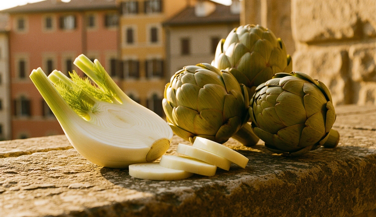 Seasonal Italian vegetables on a stone table